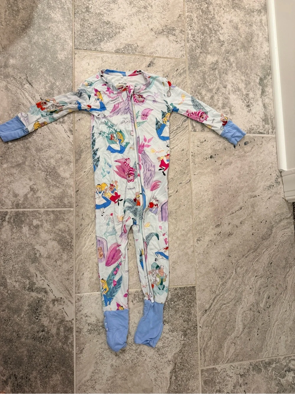 Posh Peanut Light Blue Multi-Color Princess Print Footed One-Piece